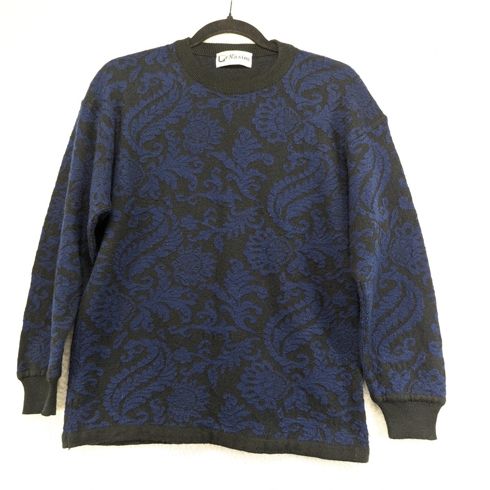 Nasini Italy Wool Blend Paisley Damask Crewneck Sweater Black Blue Mens Large